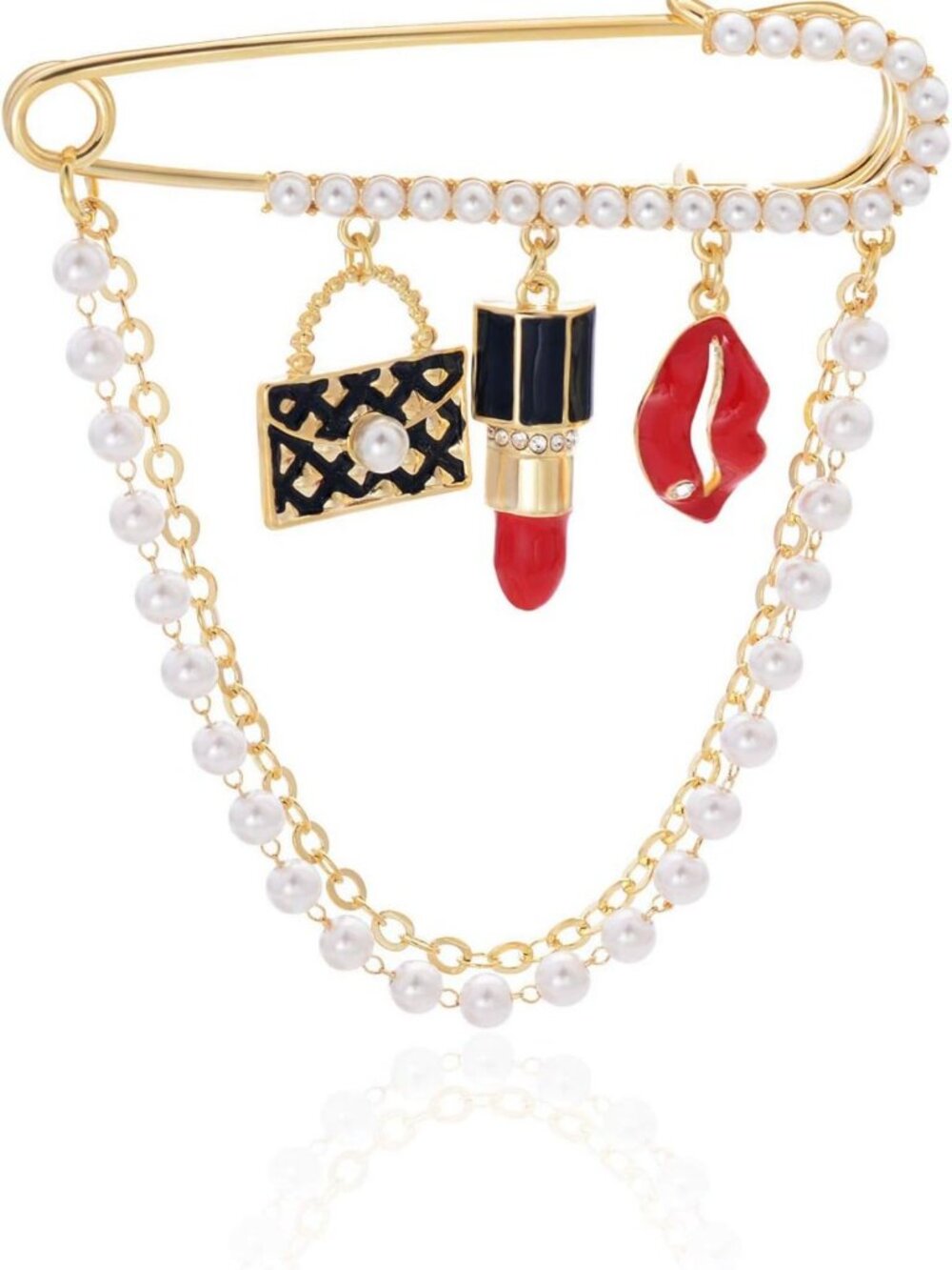 Chic Gold Tone Crystal Pearl Safety Pin Brooch for Cardigans, Hats & Scarves